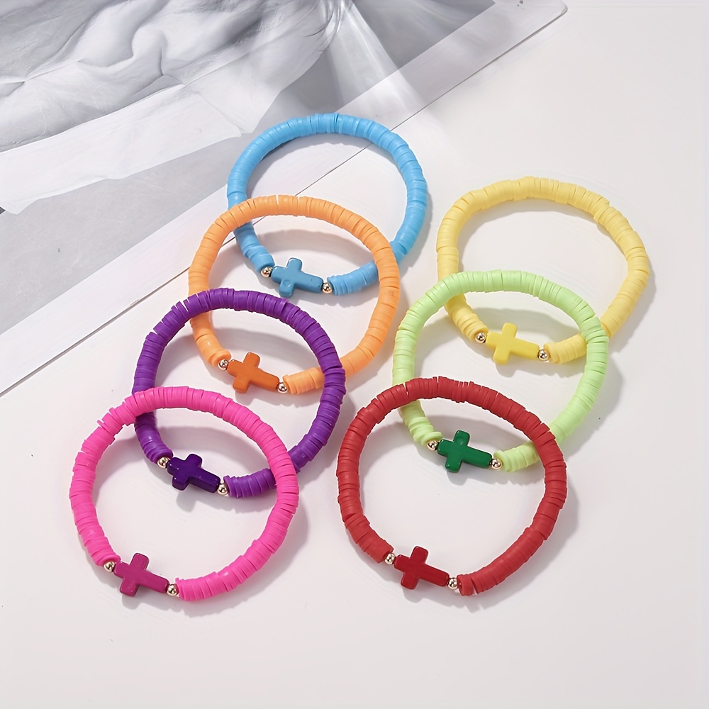 Boho 7pcs Polymer Clay Bracelet Set with Cross Charm - Colorful Beaded Elastic